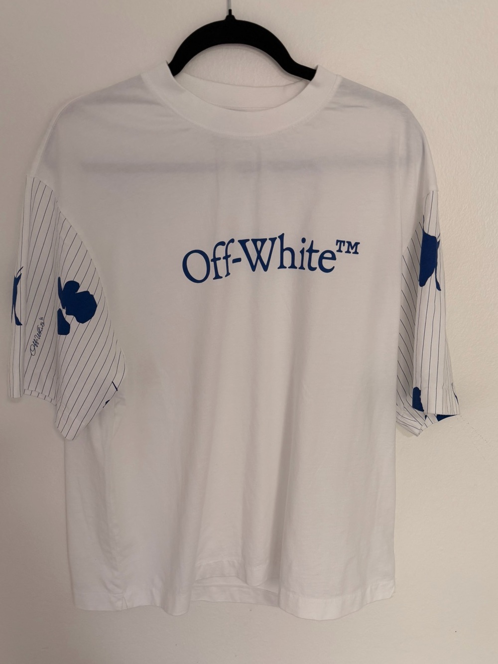 Off-White White T-Shirt with Blue Logo Tag